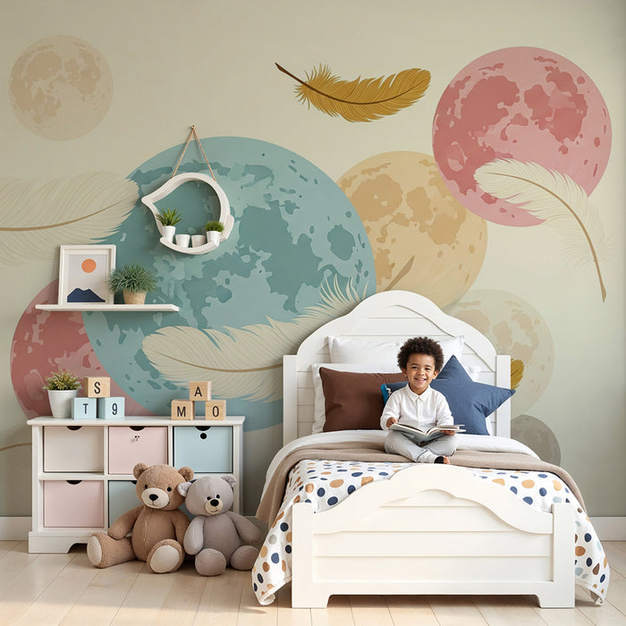 Papel de parede quarto bebê | Lua colorida e penas suaves em um céu tranquilo