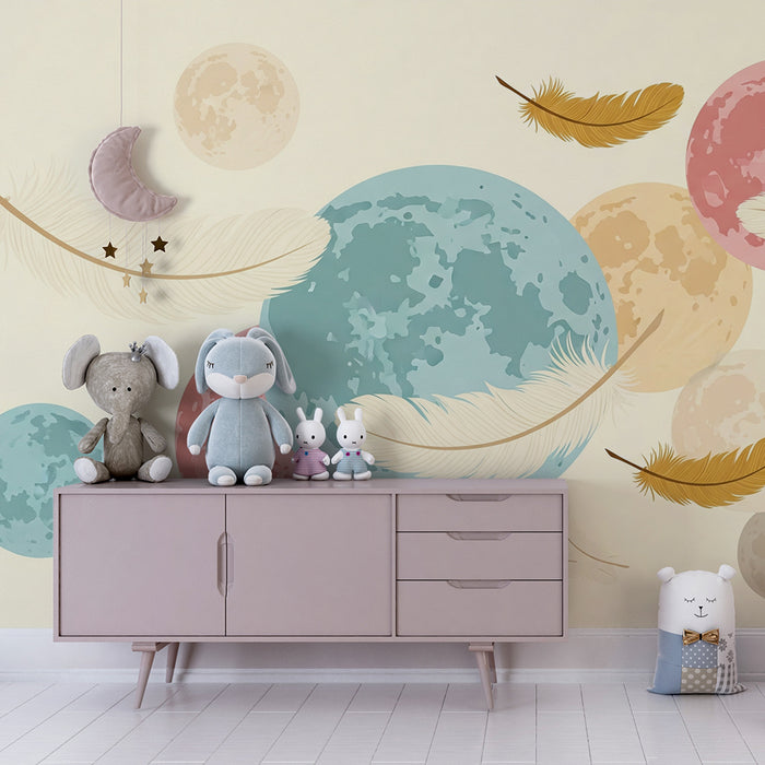Papel de parede quarto bebê | Lua colorida e penas suaves em um céu tranquilo