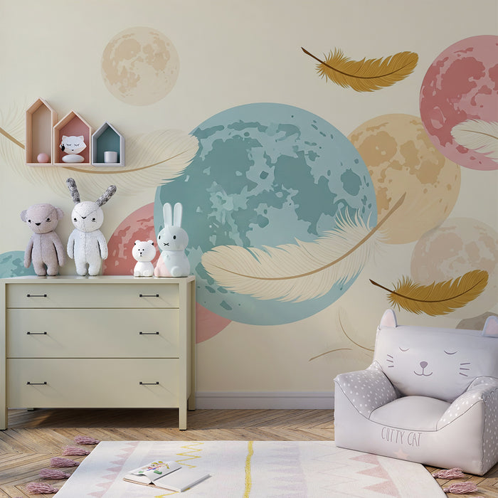 Papel de parede quarto bebê | Lua colorida e penas suaves em um céu tranquilo
