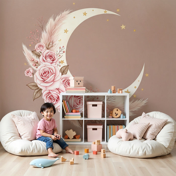 Babykamer behang | Delicate maan versierd met rozen en gouden sterren