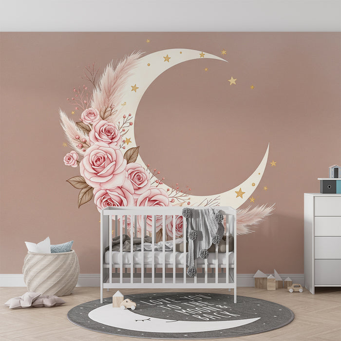 Babykamer behang | Delicate maan versierd met rozen en gouden sterren