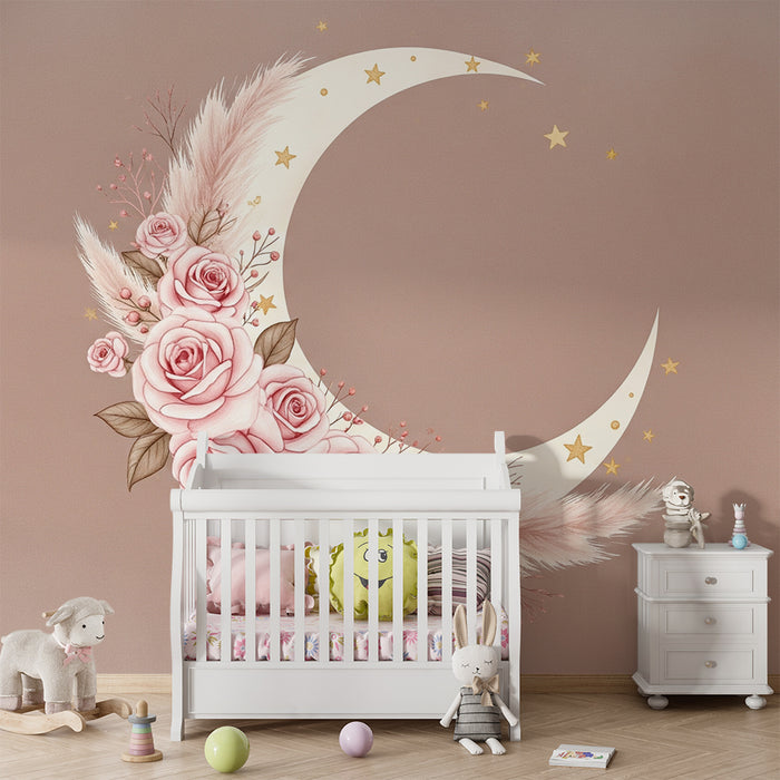 Babykamer behang | Delicate maan versierd met rozen en gouden sterren