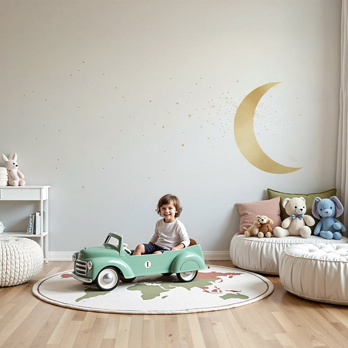 Papier peint chambre bébé | Lune dorée et étoiles à éclats scintillants