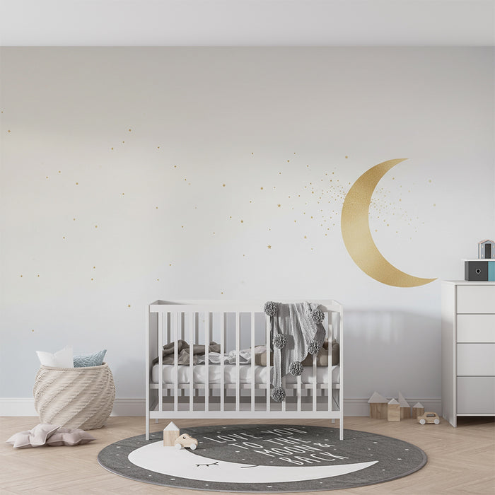 Papier peint chambre bébé | Lune dorée et étoiles à éclats scintillants