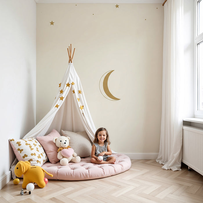 Papier peint chambre bébé | Lune dorée et étoiles scintillantes
