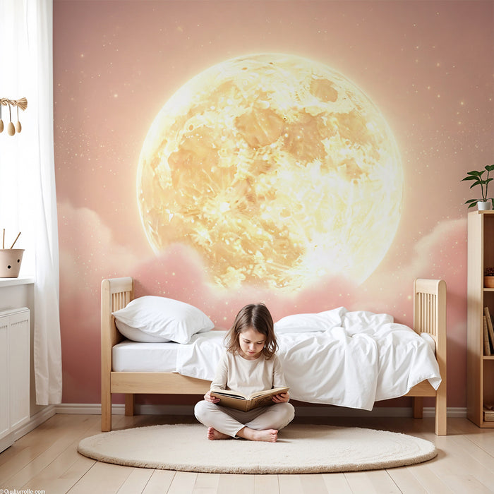 Papel de parede quarto bebê | Lua dourada e nuvens cor-de-rosa estreladas