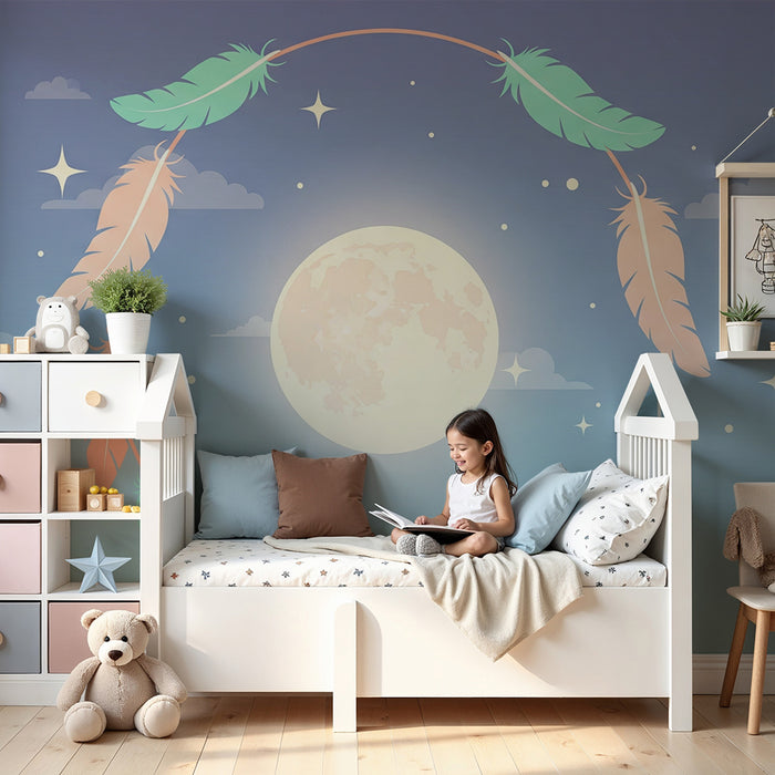 Nursery room wallpaper | Lune douce entourée de plumes colorées et d'étoiles scintillantes