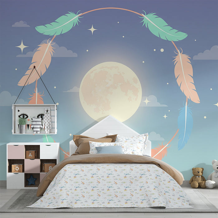 Nursery room wallpaper | Lune douce entourée de plumes colorées et d'étoiles scintillantes
