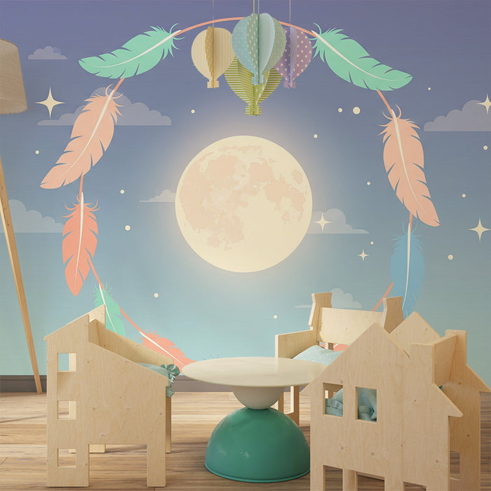 Nursery room wallpaper | Lune douce entourée de plumes colorées et d'étoiles scintillantes