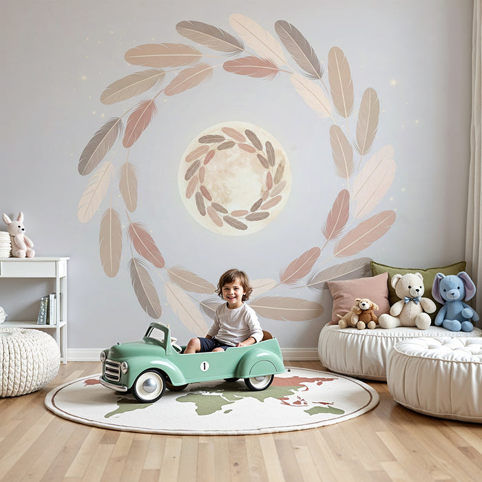 Nursery room wallpaper | Soft moon surrounded by delicate feathers