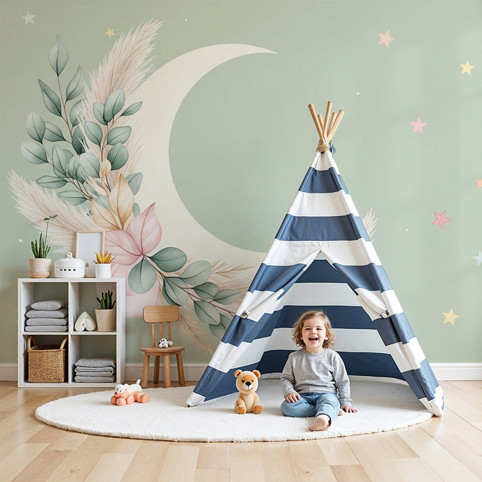 Papel de parede quarto bebê | Lua suave e estrelas coloridas
