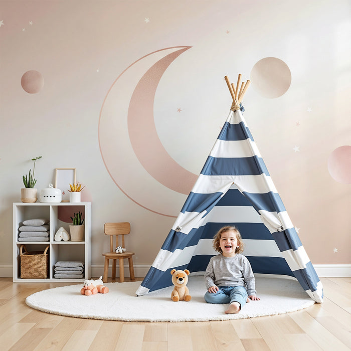 Papier peint chambre bébé | Lune douce et étoiles scintillantes dans un ciel pastel