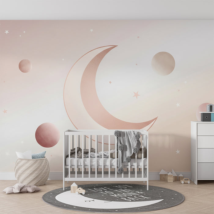 Papier peint chambre bébé | Lune douce et étoiles scintillantes dans un ciel pastel
