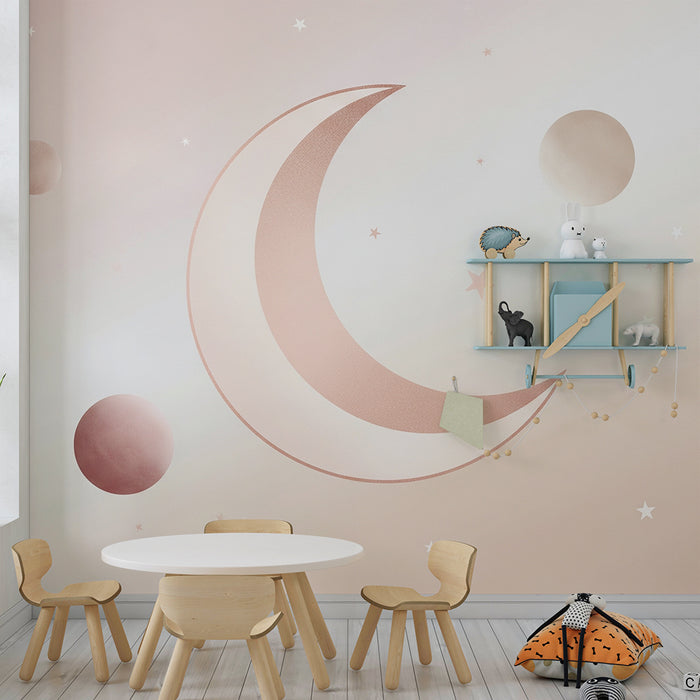 Papier peint chambre bébé | Lune douce et étoiles scintillantes dans un ciel pastel