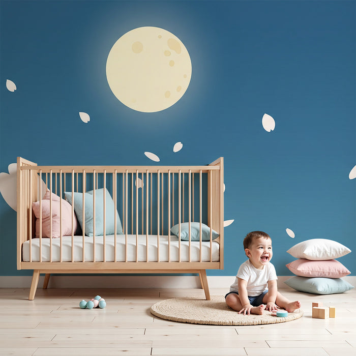 Lastenhuoneen tapetti | Lempeä kuu ja kelluvat terälehdet rauhoittavalla taivaalla