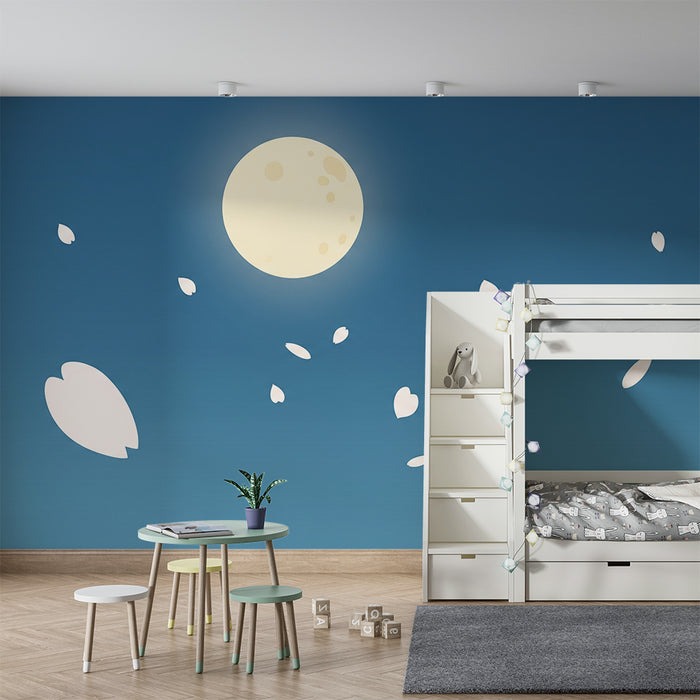Lastenhuoneen tapetti | Lempeä kuu ja kelluvat terälehdet rauhoittavalla taivaalla