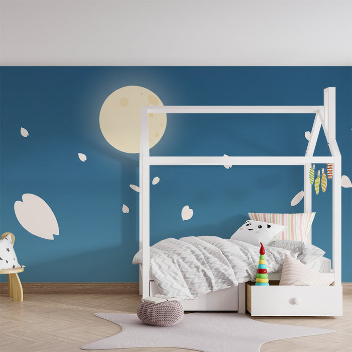 Lastenhuoneen tapetti | Lempeä kuu ja kelluvat terälehdet rauhoittavalla taivaalla