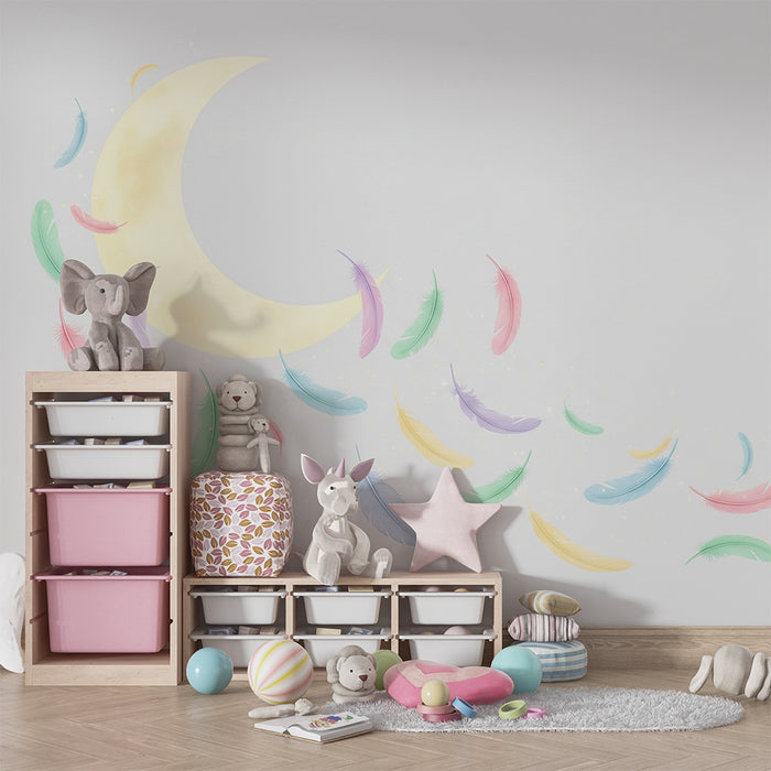 Tapet barnerom | Myk måne og fargerike fjær i en stjernehimmel
