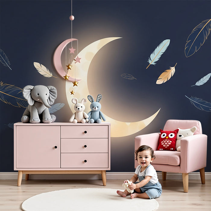 Papel de parede quarto bebê | Lua suave e penas flutuantes em um céu estrelado