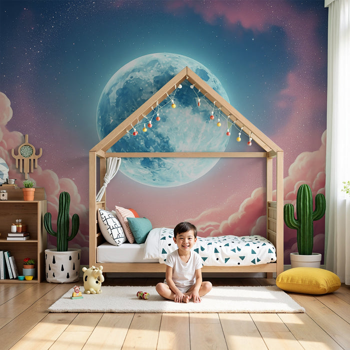 Papel pintado para habitación infantil | Luna brillante entre nubes rosas