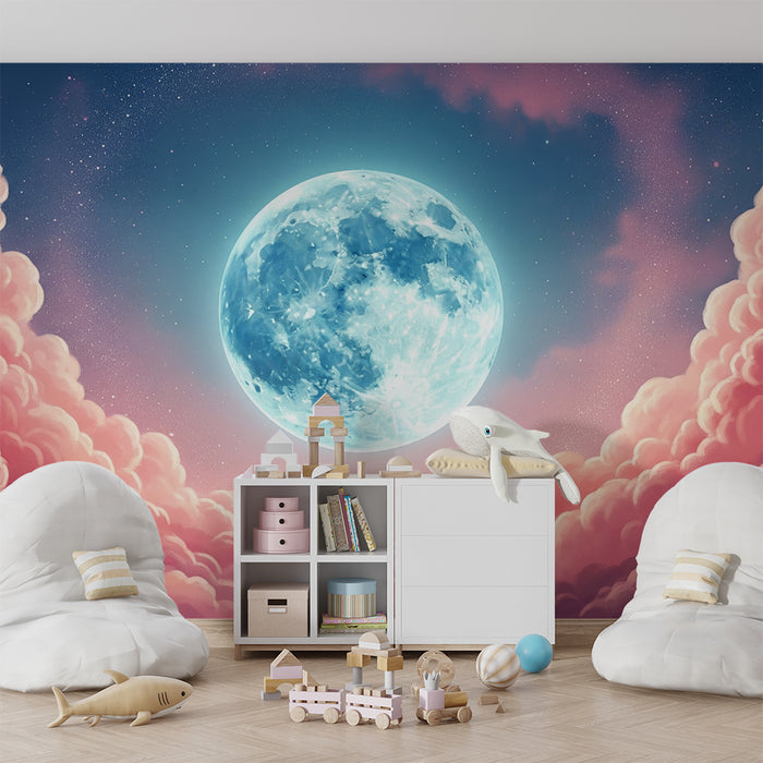 Papel pintado para habitación infantil | Luna brillante entre nubes rosas