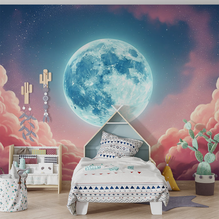 Papel pintado para habitación infantil | Luna brillante entre nubes rosas