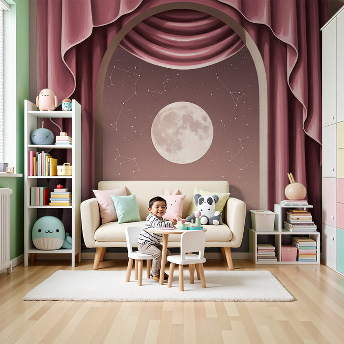 Papier peint chambre bébé | Lune et constellations derrière des rideaux roses