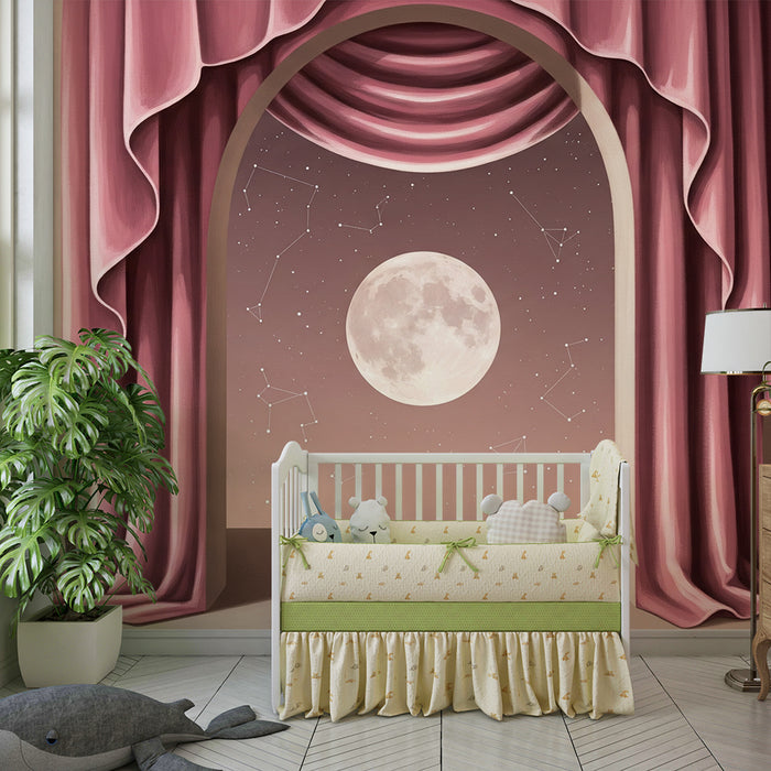 Papier peint chambre bébé | Lune et constellations derrière des rideaux roses