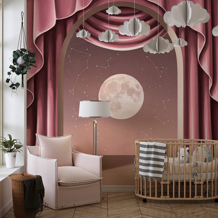 Papier peint chambre bébé | Lune et constellations derrière des rideaux roses