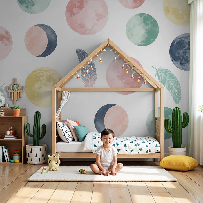 Papier peint chambre bébé | Lune et étoiles dans des teintes douces