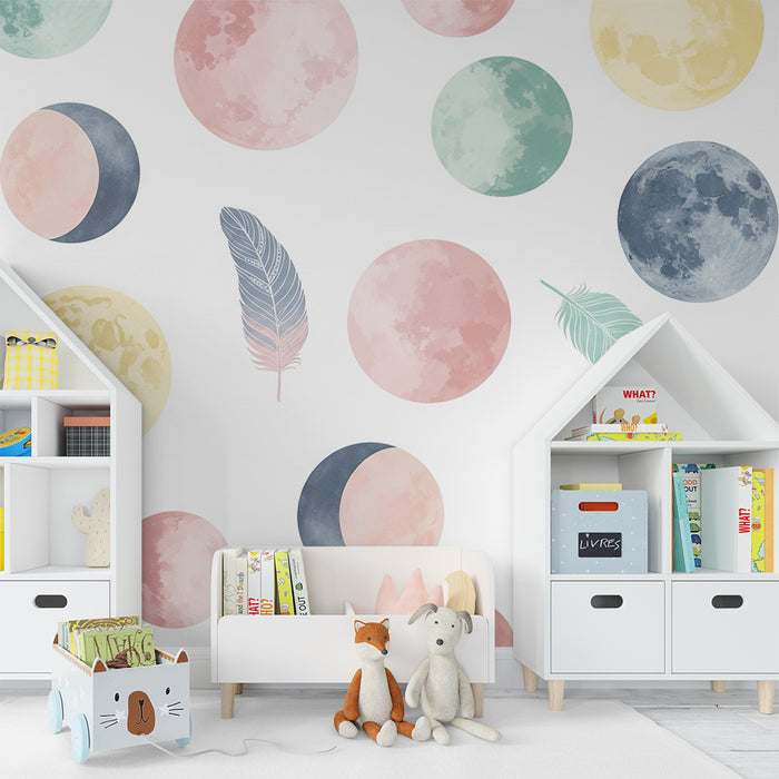 Papier peint chambre bébé | Lune et étoiles dans des teintes douces