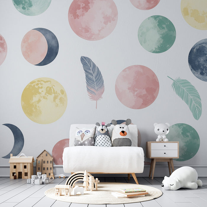 Papier peint chambre bébé | Lune et étoiles dans des teintes douces