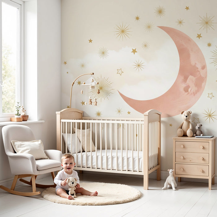 Papel de parede quarto bebê | Lua e estrelas douradas