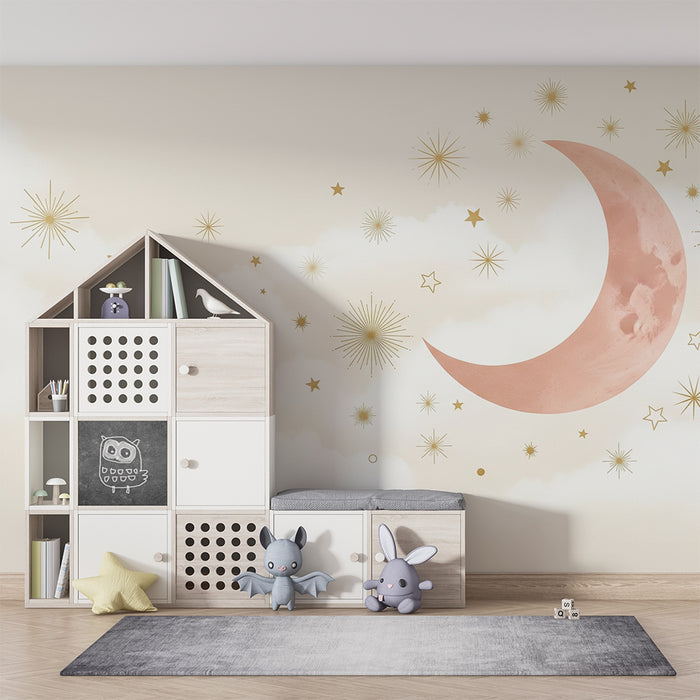 Papel de parede quarto bebê | Lua e estrelas douradas