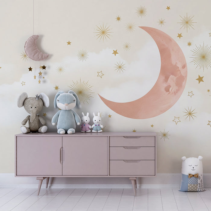Papel de parede quarto bebê | Lua e estrelas douradas