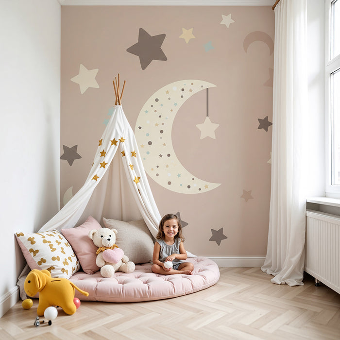 Papel de parede para quarto de bebé | Lua e estrelas suaves em fundo rosa