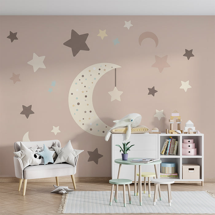 Papel de parede para quarto de bebé | Lua e estrelas suaves em fundo rosa