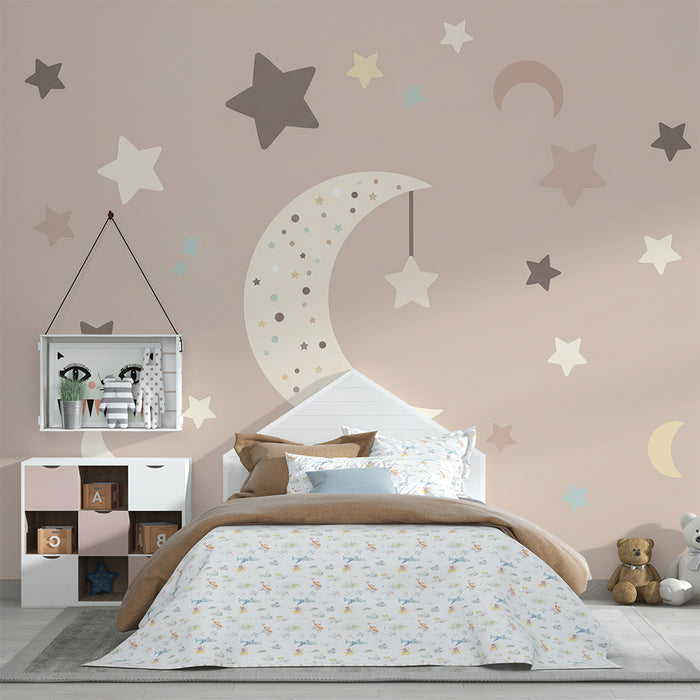 Papel de parede para quarto de bebé | Lua e estrelas suaves em fundo rosa