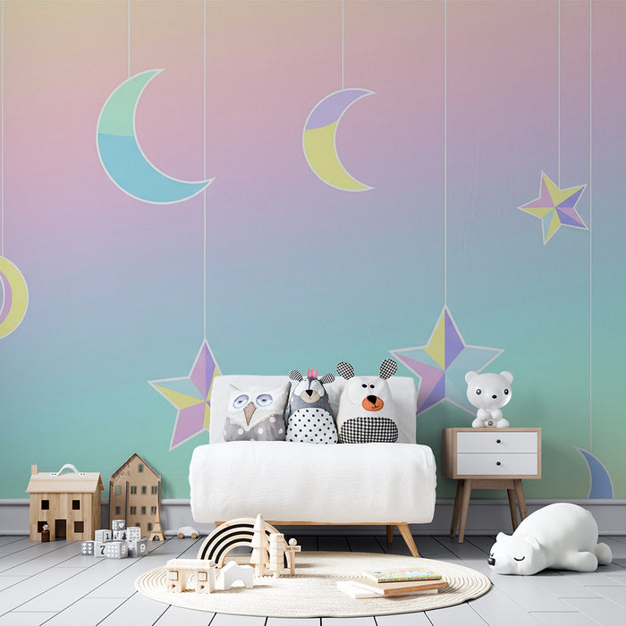 Χαρτί τοίχου δωματίου μωρού | Ανάρτηση απαλών φεγγαριών και αστεριών σε απαλό ουρανό