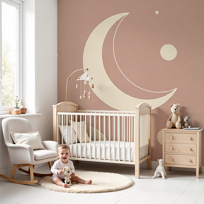 Papier peint chambre bébé | Lune et étoiles sur fond rose doux