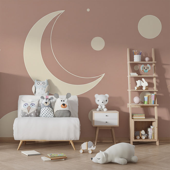 Papier peint chambre bébé | Lune et étoiles sur fond rose doux