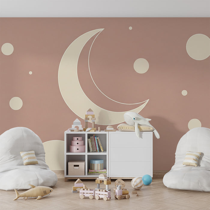 Papier peint chambre bébé | Lune et étoiles sur fond rose doux