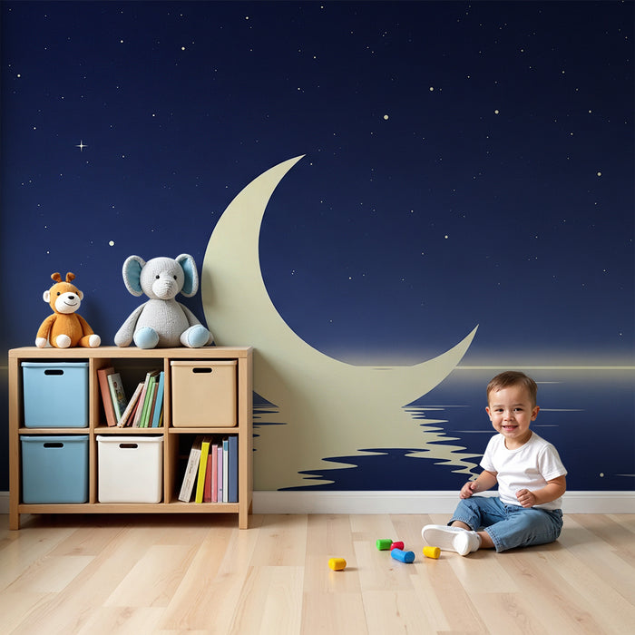 Babykamer behang | Maan en sterren op een rustgevende nachtelijke achtergrond