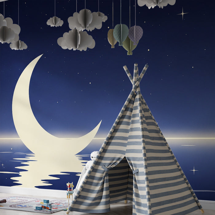 Babykamer behang | Maan en sterren op een rustgevende nachtelijke achtergrond
