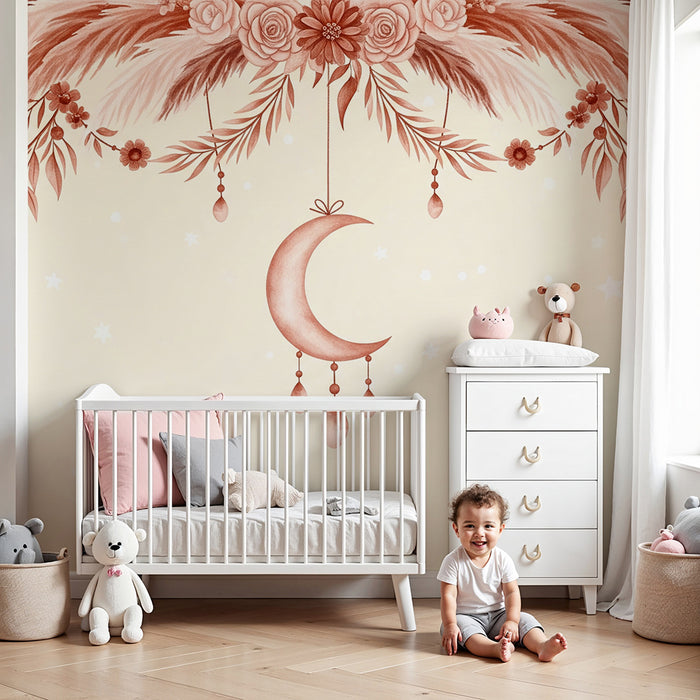 Babyzimmer Tapete | Mond und zarte Blumen