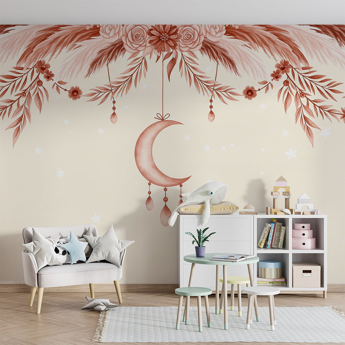 Babyzimmer Tapete | Mond und zarte Blumen