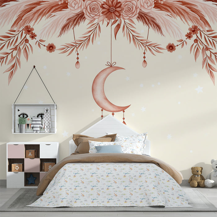 Babyzimmer Tapete | Mond und zarte Blumen