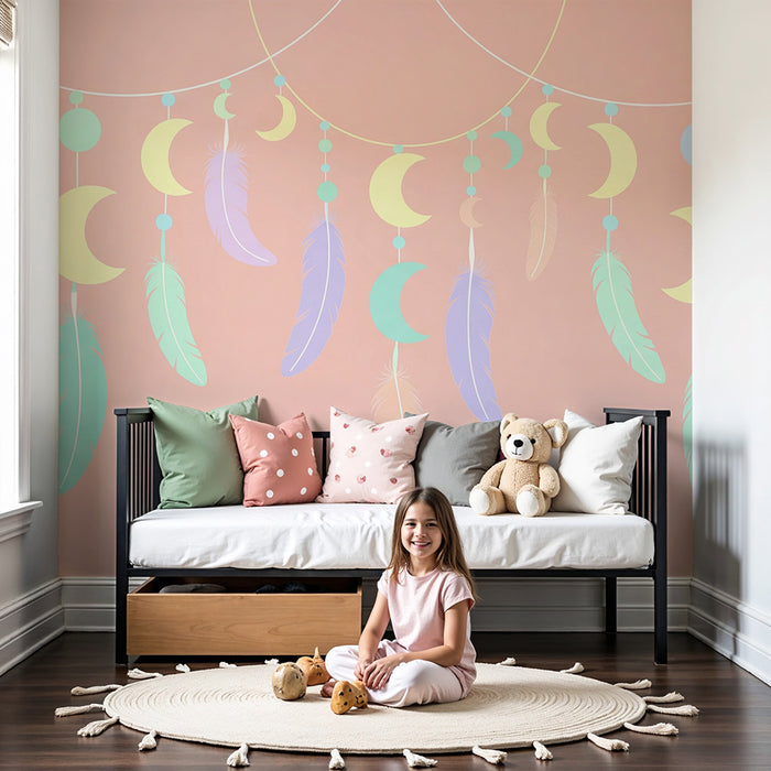 Papel de parede quarto bebê | Lua e penas pastel em fundo rosa