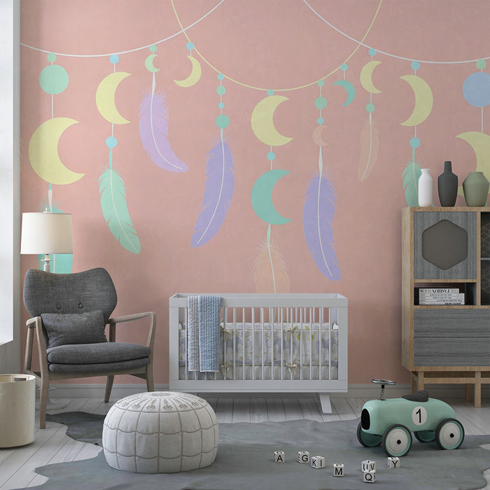 Papel de parede quarto bebê | Lua e penas pastel em fundo rosa