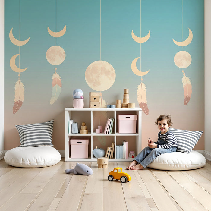 Papel de parede quarto bebê | Lua e penas suspensas em um céu pastel